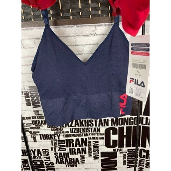 Fila XL (2) Red & Blue Logo Seamless V-Neck Removable Pads Longling Comfort Bras - Picture 3 of 6